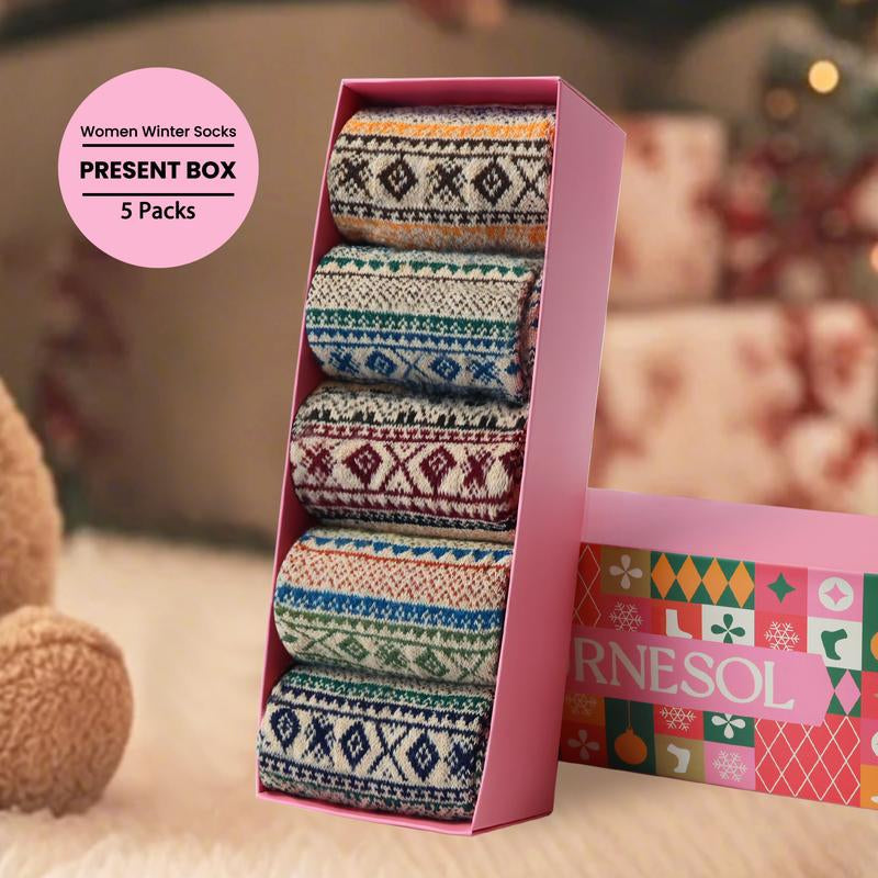 Tournesol Wool Blend Warm Socks Soft Cozy Fit One Size US 5-9 Women'S Crew Length Thermal Socks 5-Pack Gift Box for Winter Indoor Outdoor Use Womenswear 015