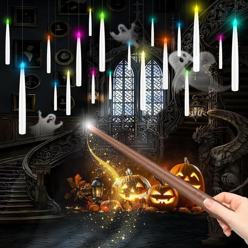 Floating Flameless Halloween Candles with Magic Wand Remote, 6.6" Hanging LED Taper Candles with Hooks & Fishing Line, Flickering Battery Operated Candles for Christmas, Windows, Spooky Indoor Outdoor Decor