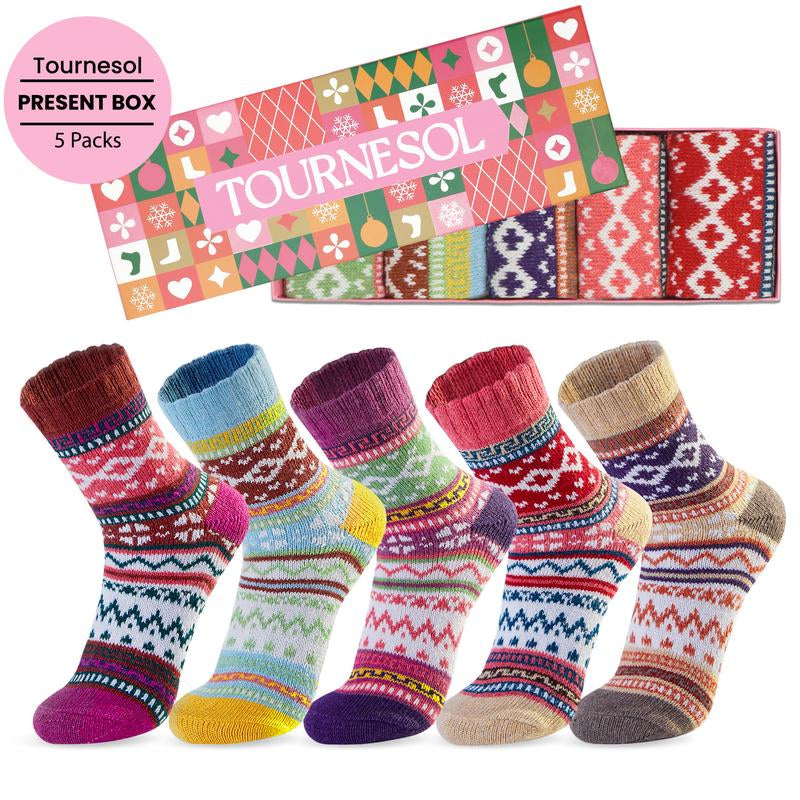 Tournesol Wool Blend Warm Socks Soft Cozy Fit One Size US 5-9 Women'S Crew Length Thermal Socks 5-Pack Gift Box for Winter Indoor Outdoor Use Womenswear 015