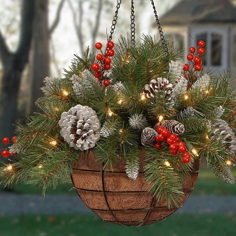 Pre-Lit Artificial Christmas Hanging Basket Outdoor Decoration with Pine Cones & Red Berry Clusters, Battery Powered with Timer Lighted Branches Faux Plants for outside Porch Front Door