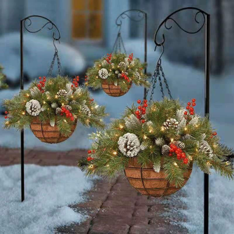 Pre-Lit Artificial Christmas Hanging Basket Outdoor Decoration with Pine Cones & Red Berry Clusters, Battery Powered with Timer Lighted Branches Faux Plants for outside Porch Front Door