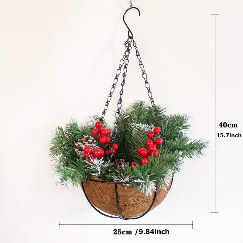 Pre-Lit Artificial Christmas Hanging Basket Outdoor Decoration with Pine Cones & Red Berry Clusters, Battery Powered with Timer Lighted Branches Faux Plants for outside Porch Front Door