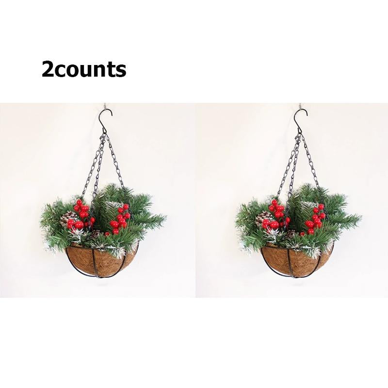 Pre-Lit Artificial Christmas Hanging Basket Outdoor Decoration with Pine Cones & Red Berry Clusters, Battery Powered with Timer Lighted Branches Faux Plants for outside Porch Front Door